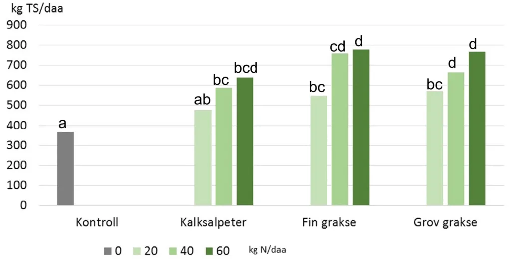 Figur 2: Tørrstoffavling i kg per dekar, sum av tre høstinger av raigras i et potteforsøk med fosforfattig jord, omregnet til avlinger i kg per daa. Kontroll= Uten gjødsel. Tre gjødselnivå ble sammenliknet, all gjødsel ble tilført før forsøksstart