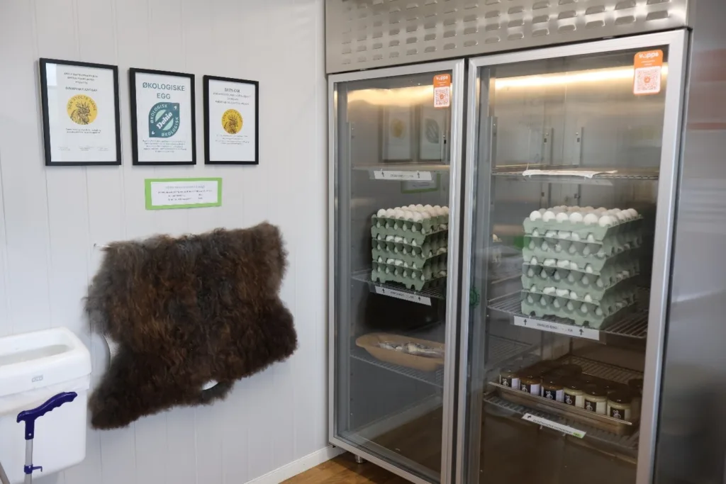 I gårdsbutikken selger de blant annet lammeskinn fra egen pelssau, og egg fra egne høner.