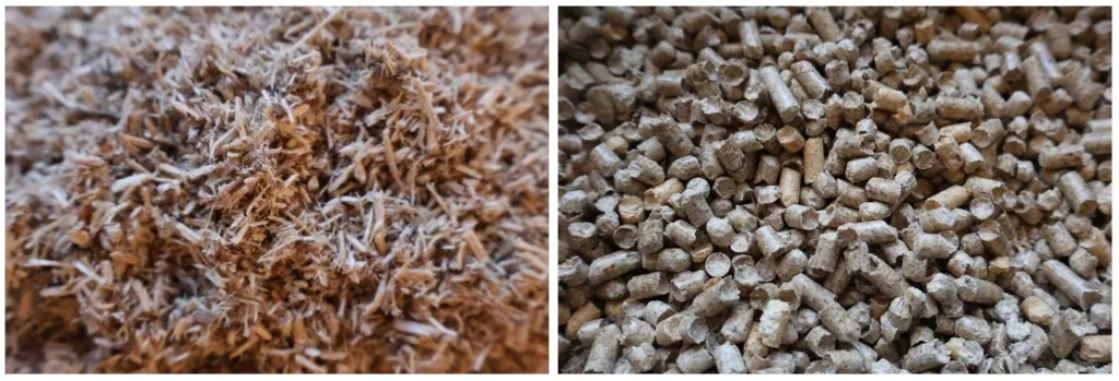Til venstre: Løvtreflis. Til høyre: Bartrepellets. Til venstre: Løvtreflis. Til høyre: Bartrepellets.