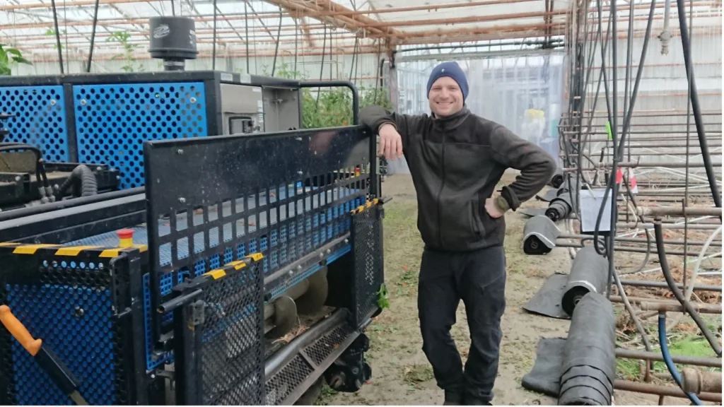 Tomatrankene og oppbindingen knuses i en spesialbygd maskin og komposteres etterpå. Martin Petersen er fornøyd med prosessen. Foto: Susanne Friis Pedersen