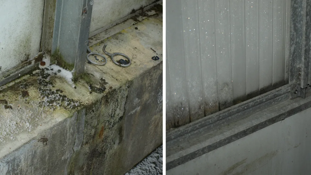 Ringmur (Bilete til venstre) eller sandwich-plater (Bilete til høgre) mellom sole og glasfelt er begge brukt i norske veksthus.