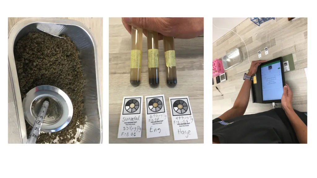 En liten mengde (0,5 ml) godt siktet og blandet jord brukes i mikrobiometertesten. Etter miksing og venting, dryppes tre dråper av væsken fra reagensrøret over midten av små «testkort». Mengden og typen jordliv leses så av via en app på nettbrett eller telefon (til høyre). Foto Reidun Pommeresche