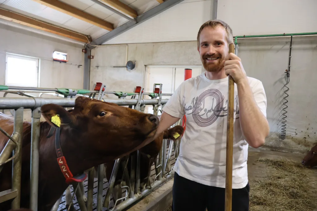 Anders har god kontakt med dyra sine. Den mobile melkeroboten hans er foreløpig kun inne i fjøset hjemme i Etnedal