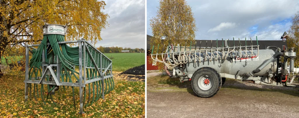 På Hørsand gård (t.v.) kombineres slepeslange og tankvogn med stripespreder for effektiv spredning. På Ottershaug gård (t.h.) brukes gjødselsvogn med stripespreder På Hørsand gård (t.v.) kombineres slepeslange og tankvogn med stripespreder for effektiv spredning. På Ottershaug gård (t.h.) brukes gjødselsvogn med stripespreder