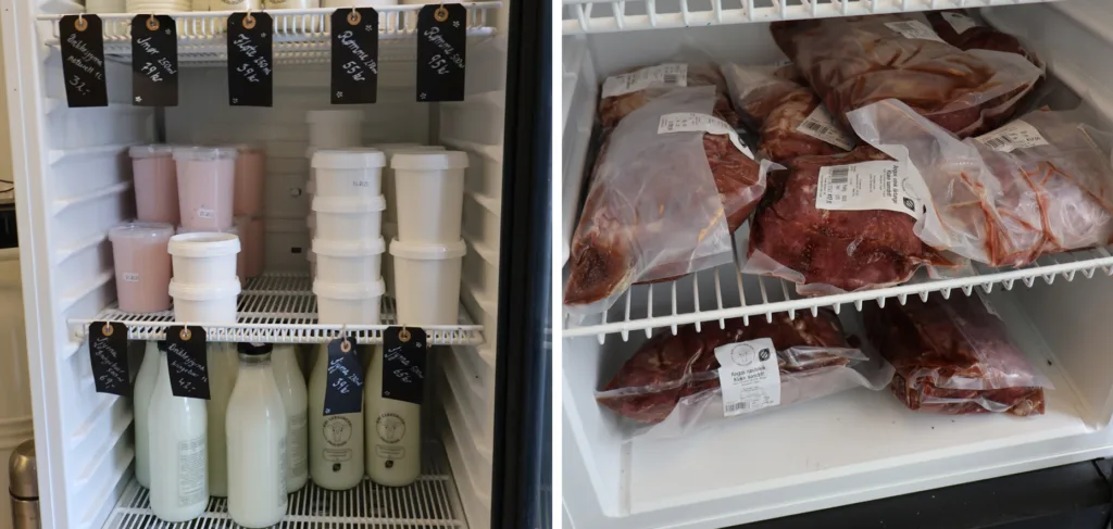 I gangen inn til fjøset er det et gårdsutsalg som består av et kjøle- og fryseskap med ulike meieri- og kjøttprodukter fra gården. I gangen inn til fjøset er det et gårdsutsalg som består av et kjøle- og fryseskap med ulike meieri- og kjøttprodukter fra gården.