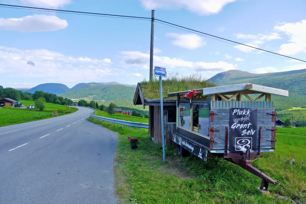 Det selvbetjente salgsvogna har familien bygd selv på en gammel traktorhenger