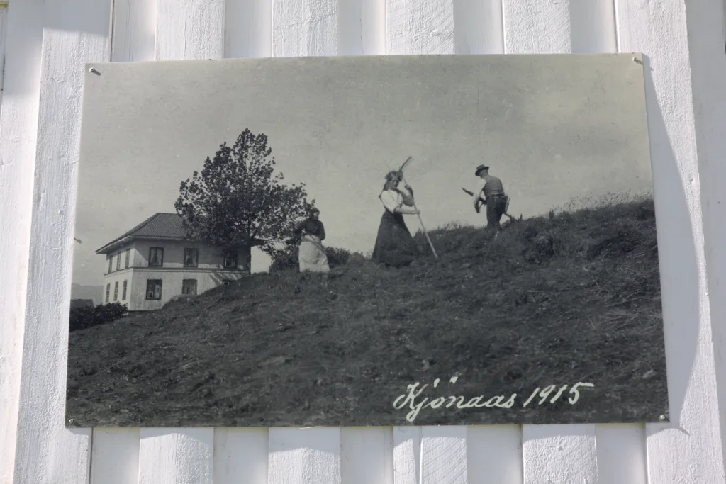 Bilder på veggen viser deler av den lange historien på Tjønnås. Foto: Rose Bergslid