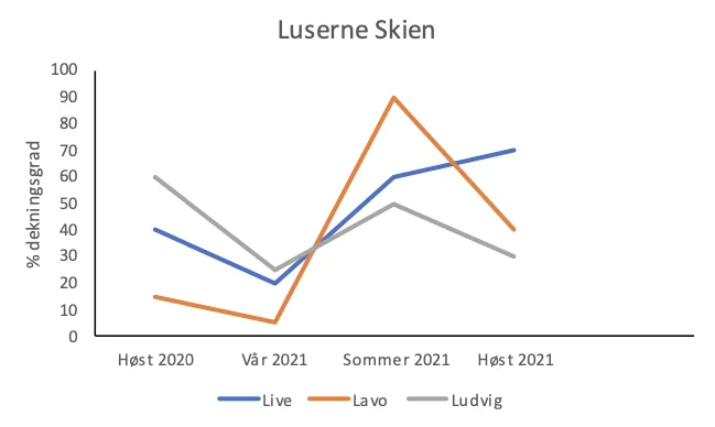 Dekningsgrad for tre sorter av luserne på observasjonsfeltet i Skien fra høsten 2020 til høsten 2021.