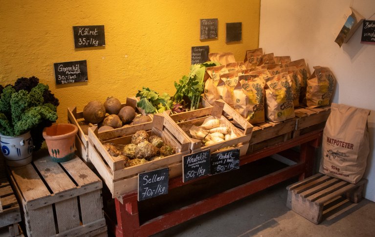 Markedshager bidrar til økt produksjon av lokale grønnsaker. Forskere har undersøkt hva som skal til for å styrke denne driftsformen. Bildet viser en gårdsbutikk med grønnsaker fra en markedshage. Foto: Anne-Kristin Løes