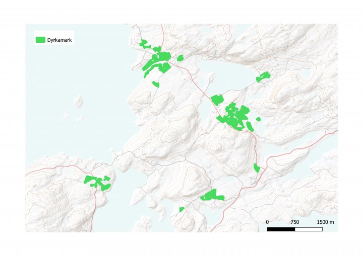 Når husdyrgjødsel skal kjøres til mange jordstykker i flere bygder blir den totale kjørelengden veldig stor. Kartreferanse: FKB, AR5, kilde ©Norge digitalt