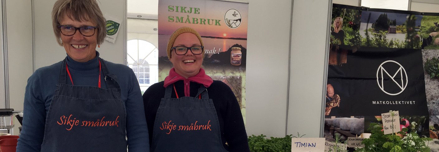 Mor Tove Britt og datter Gina Digernes på Matfestival i Bergen. Sikje småbruk bruker ofte alternative salgskanaler for salg av urter,  honning, epler med mer. Foto: Anita Land