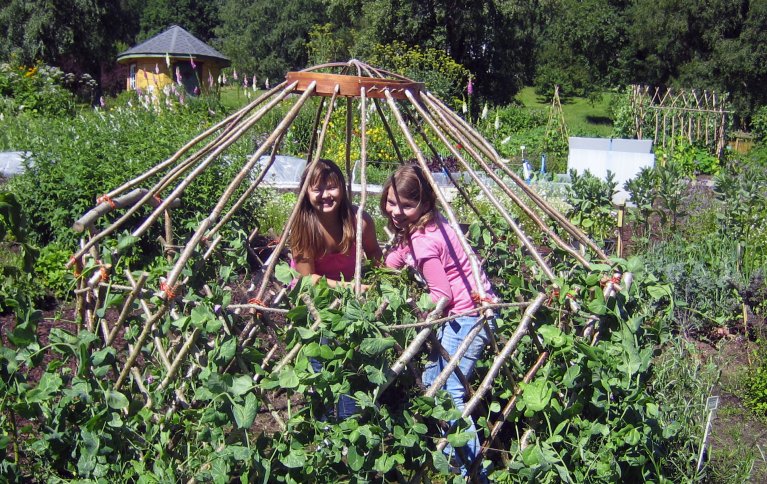 Mye fint og nyttig til skolehagen kan lages i kunst- og håndverkstimene, for eksempel insekthotell, gjerde og portal flettet av pil og et telt som ertene kan vokse på. Foto: Kirsty McKinnon